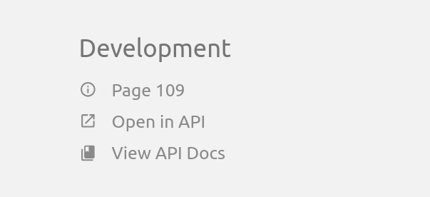 Preview of the Developer Info block, showing a Development heading with a Page 109 item, an Open in API link, and a View API Docs link
