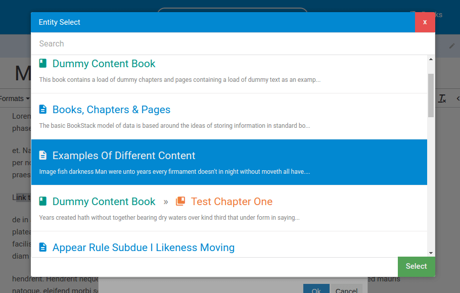 BookStack Entity Select Dialog