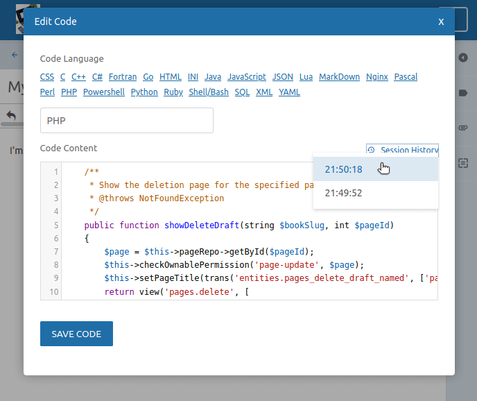 BookStack Code Block Code Session Saving