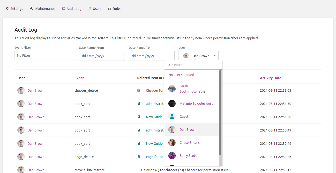 BookStack Audit Log User Filter Preview