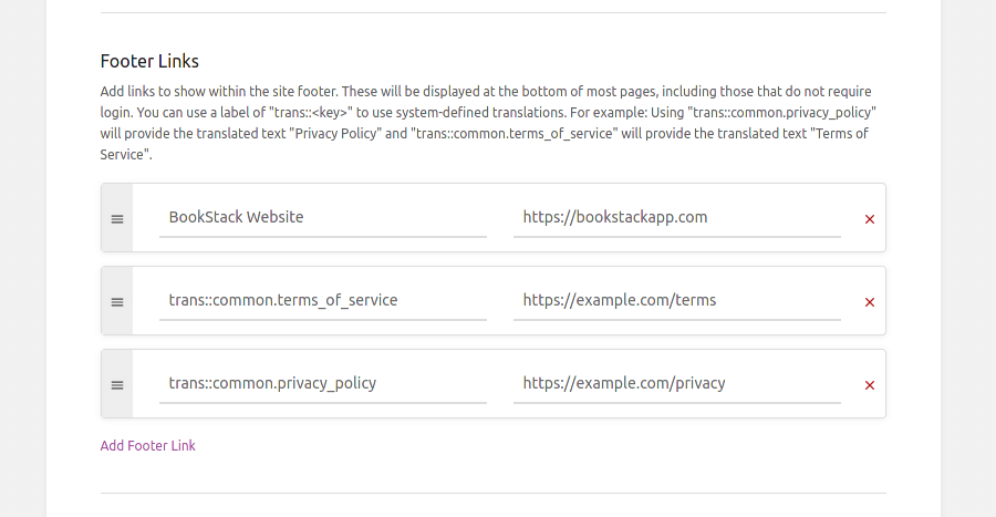 BookStack Footer Settings Interface