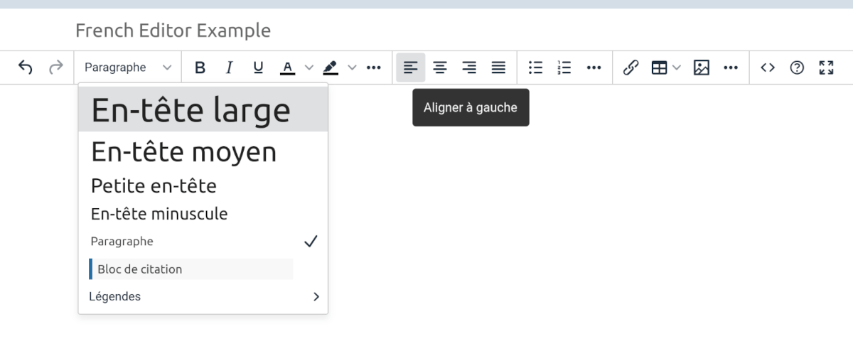 Example of editor controls in French