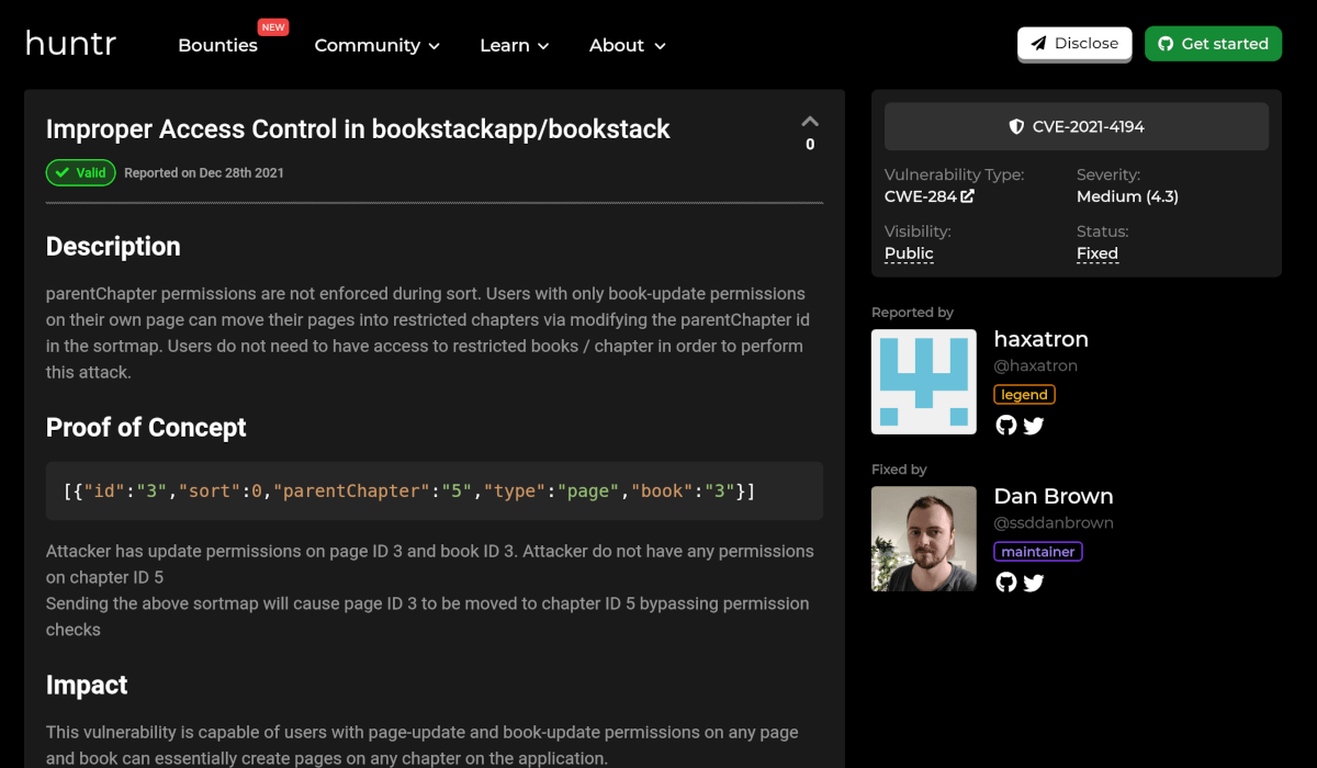 Huntr.dev example BookStack vulnerability report