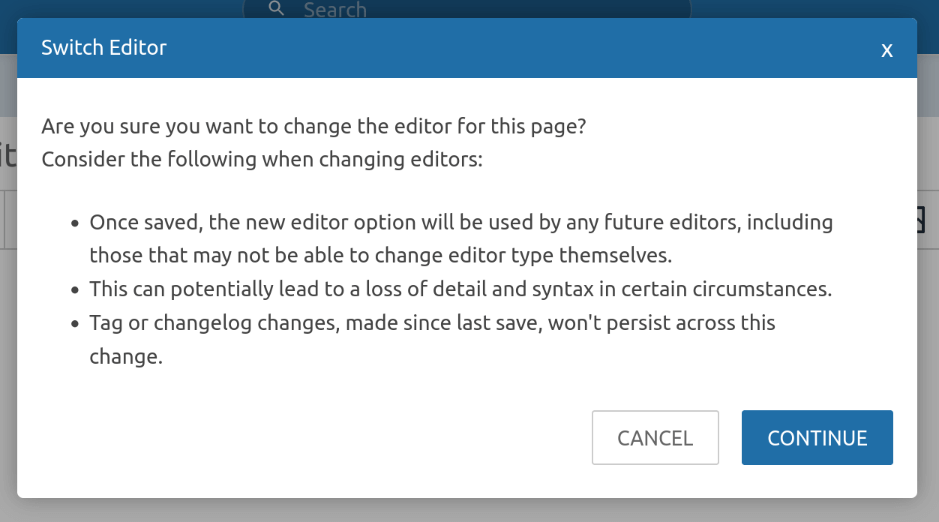 View of modal window explaining warnings to consider when changing editor