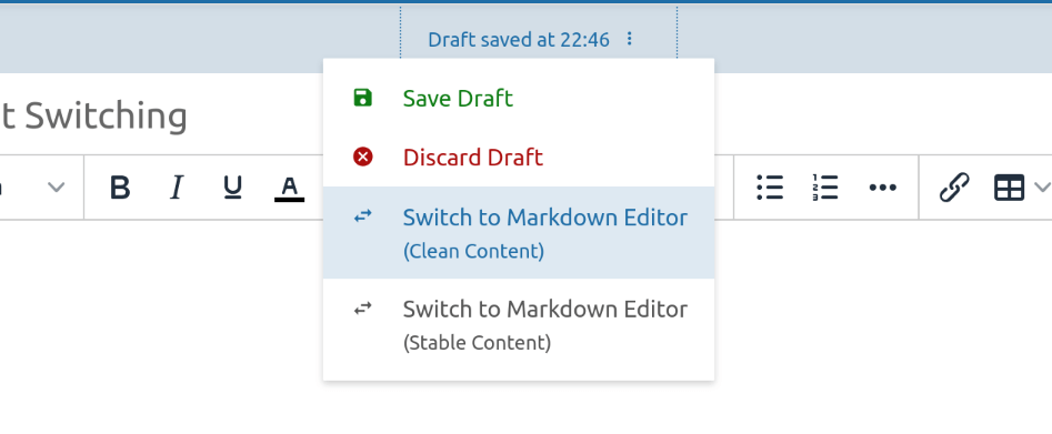 Preview of the editor top dropdown menu showing two &lsquo;Switch to markdown editor&rsquo; options