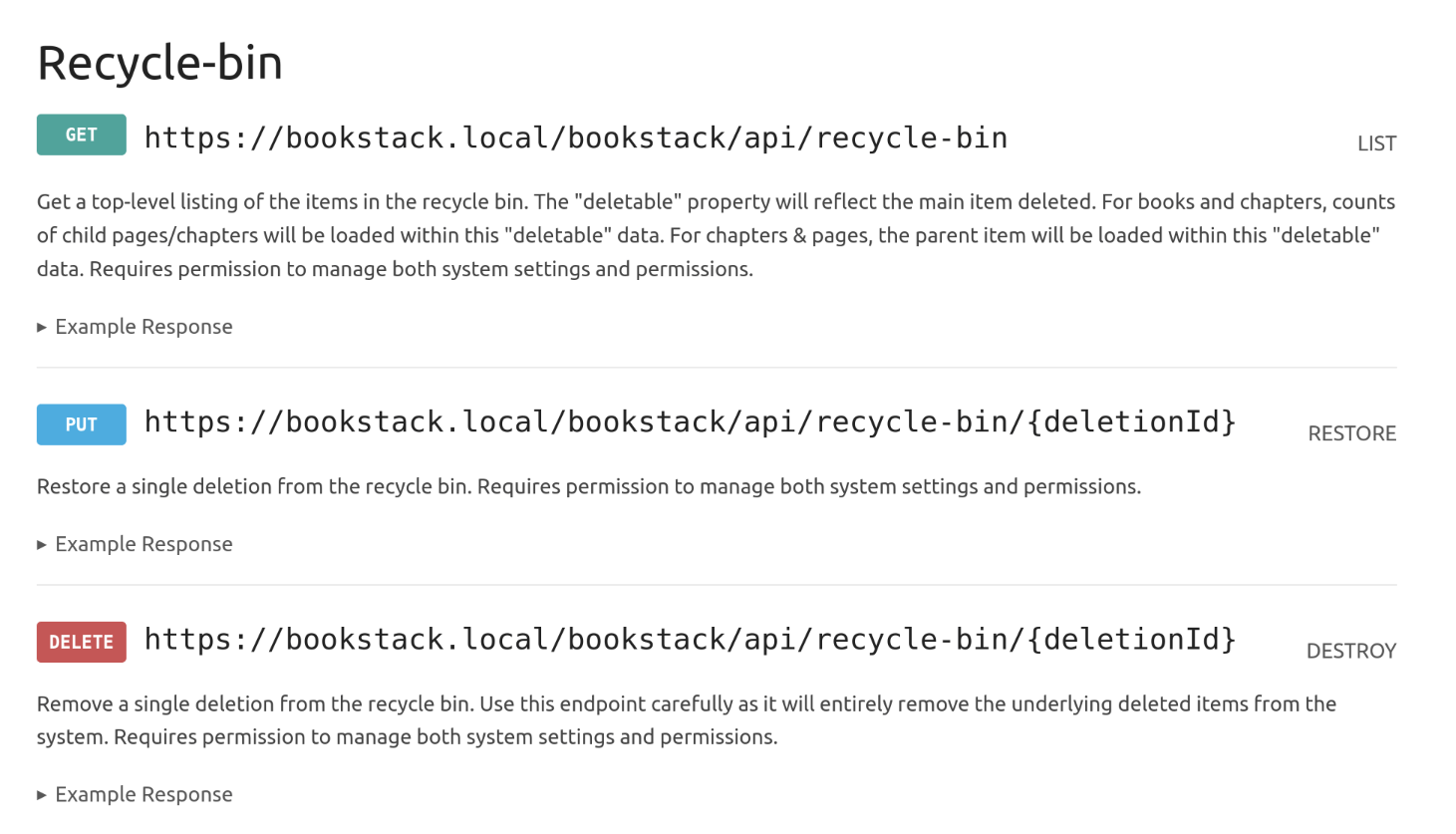Screenshot of recycle bin API endpoints in BookStack API docs page