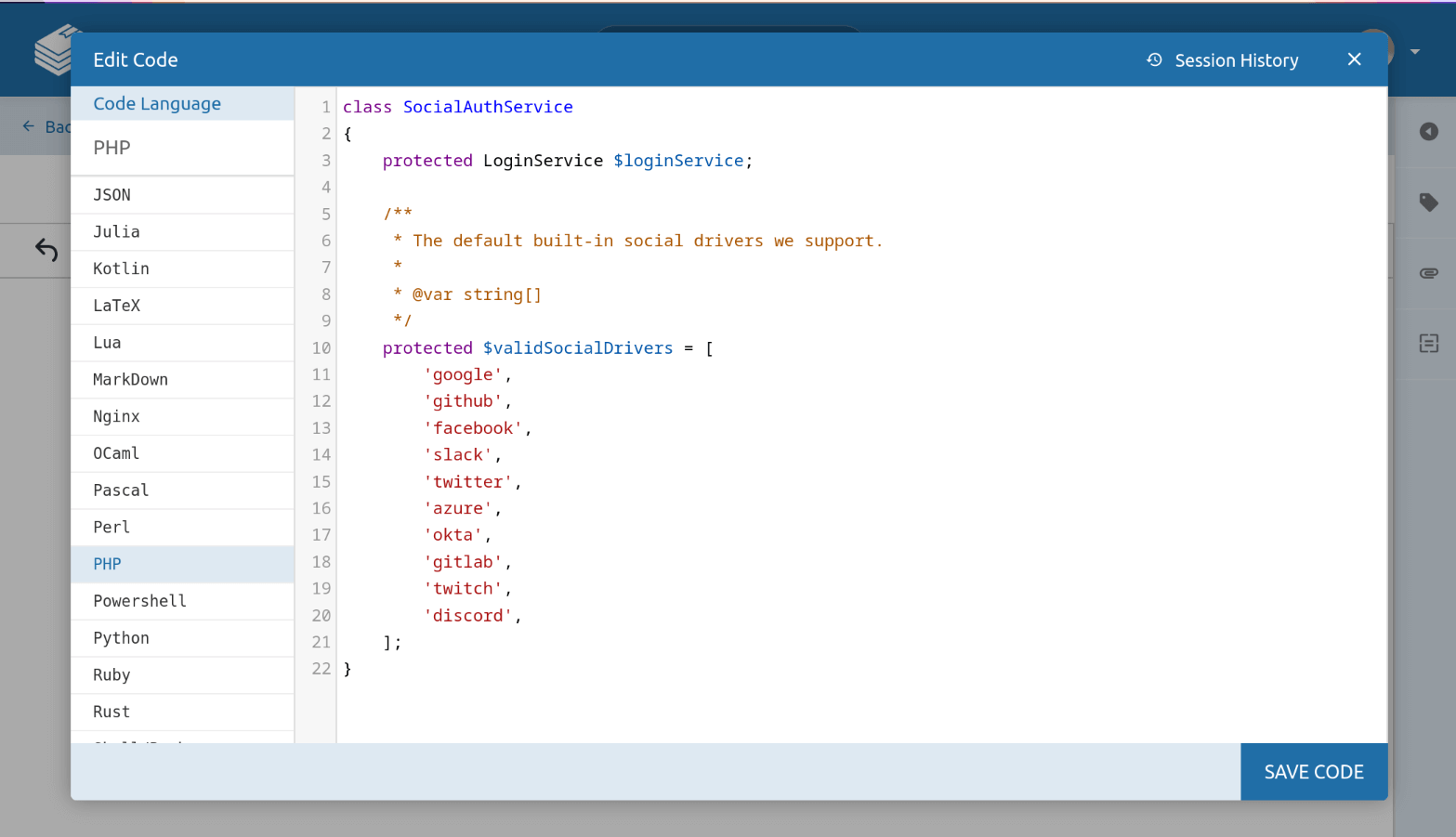 Screenshot of the code editor popup window, with code languages listed down the left