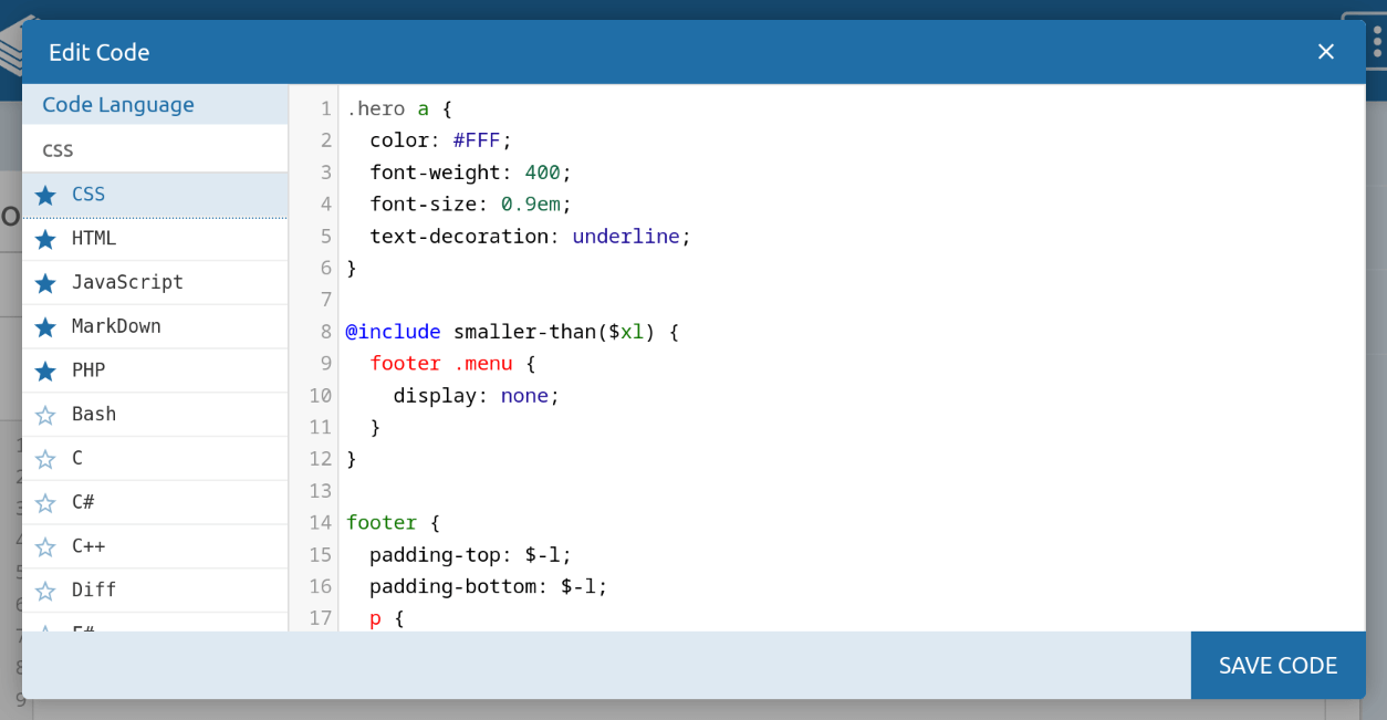 Preview of the code editor with a filled-star symbol next to 5 code language options