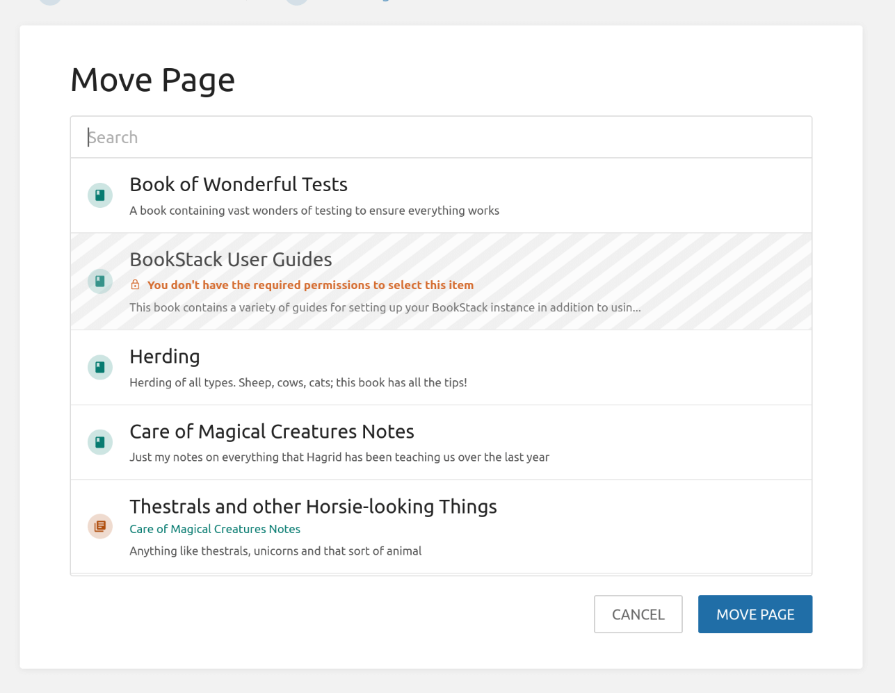 Move page view with a parent book option showing a warning about lacking permission