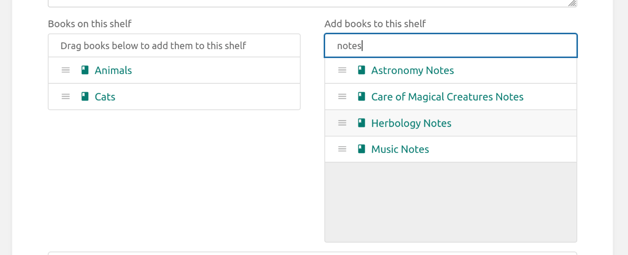 View of the books management UI for a shelf, with an active search in use