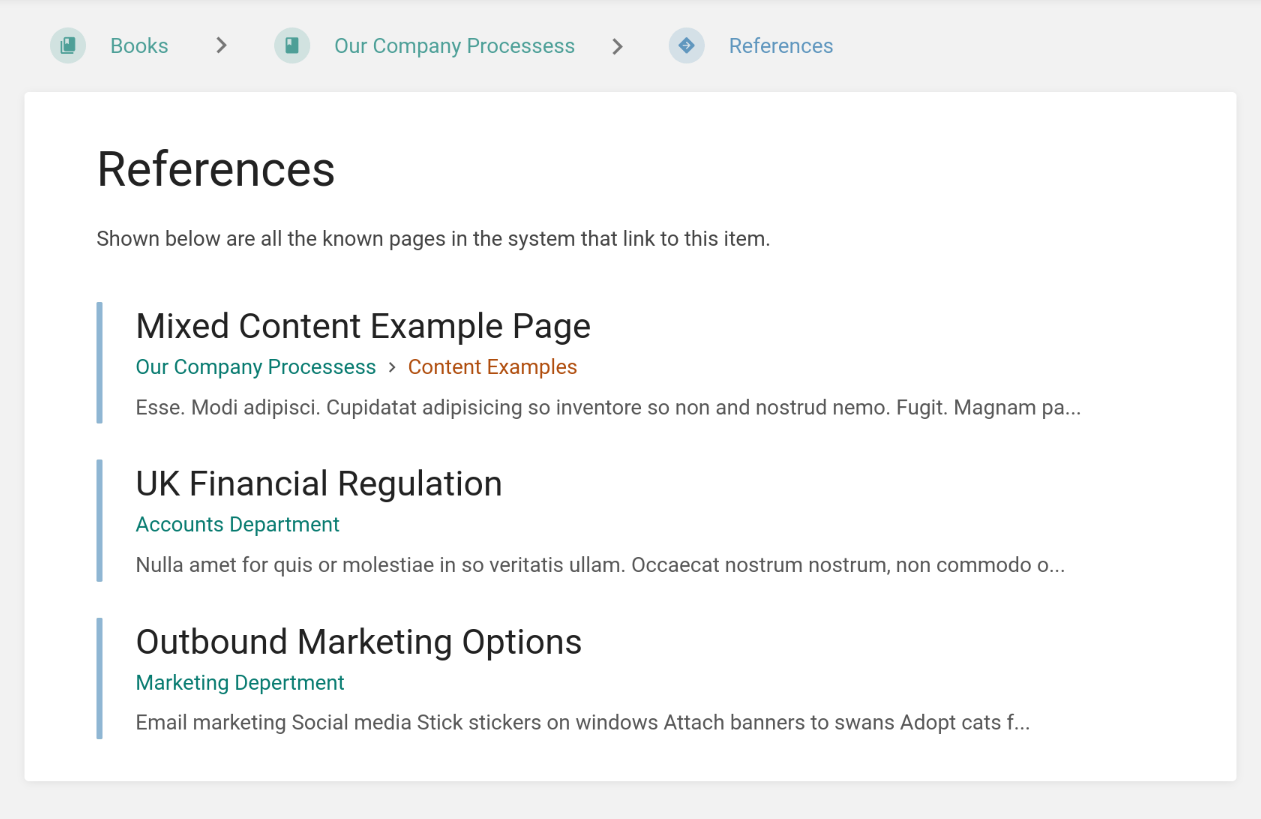 Screenshot of a &ldquo;References&rdquo; view with a list of page items