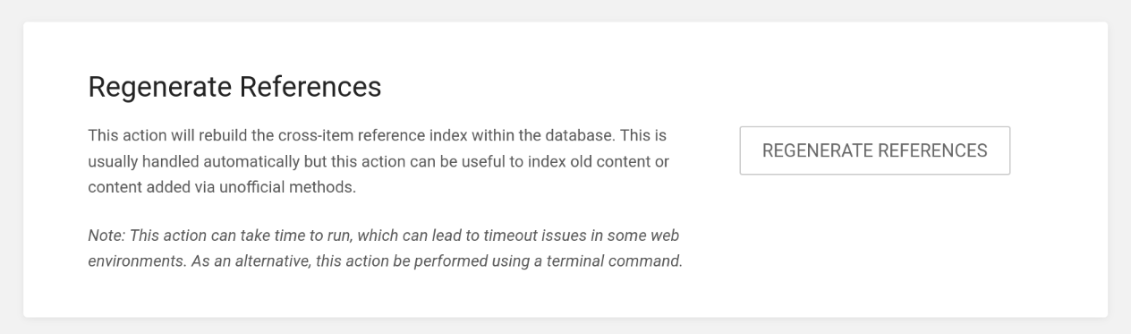A card within the interface showing a &ldquo;Regenerate References&rdquo; section and action button