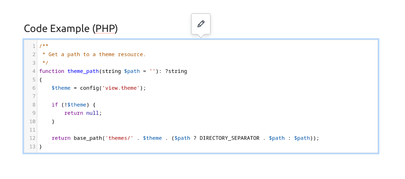 View of a select code block in the editor with a tooltip above it with a pencil icon button