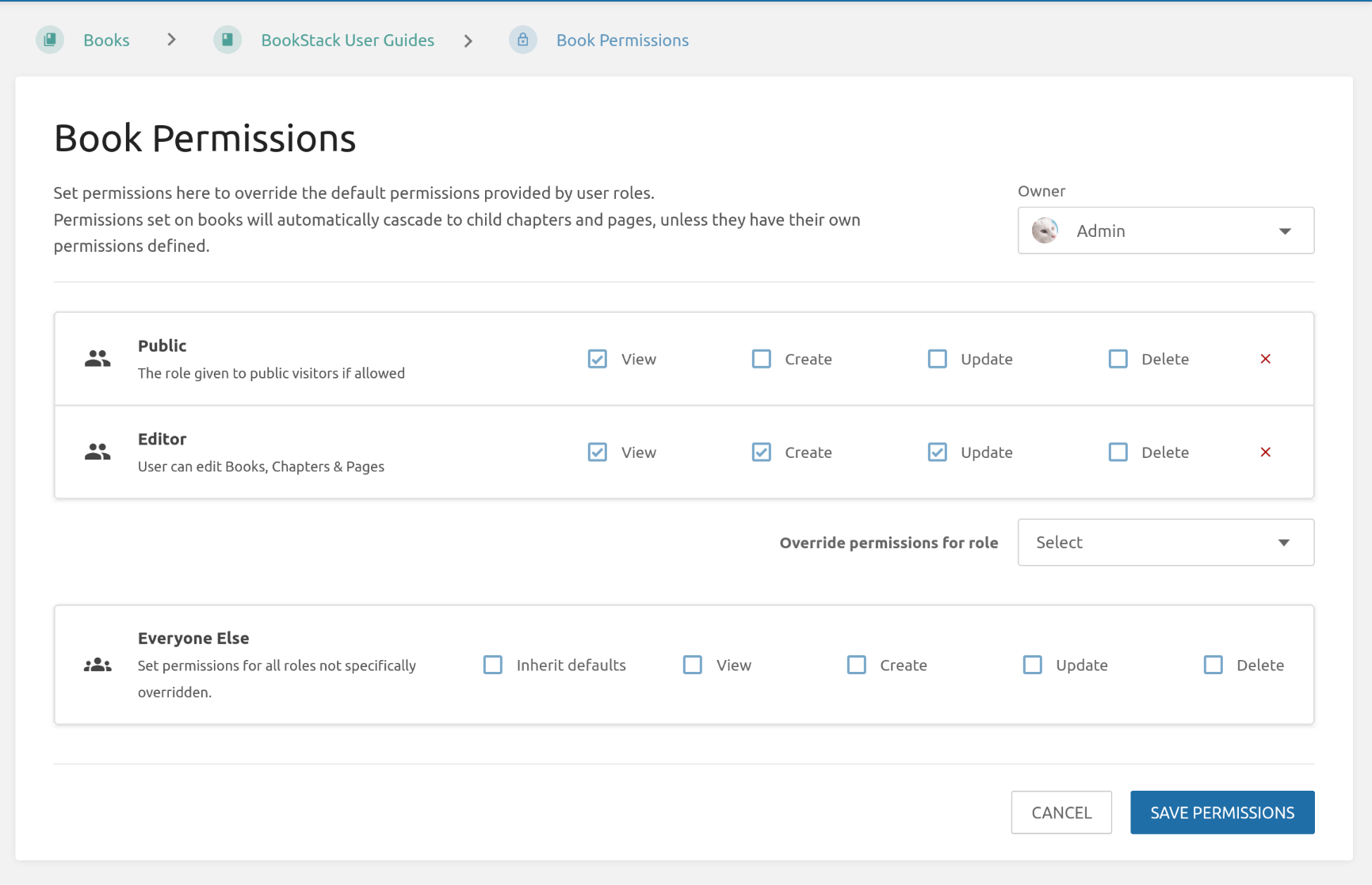 Screenshot of the new revisions view, with permission set for two roles, with a &ldquo;Everyone else&rdquo; option show with permission controls