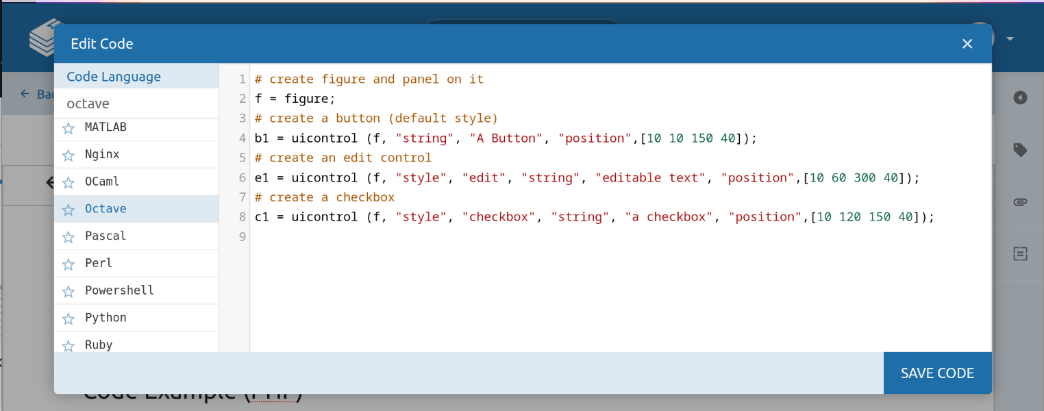 View of the BookStack code editor with the &ldquo;Octave&rdquo; language selected, with octave language code showing