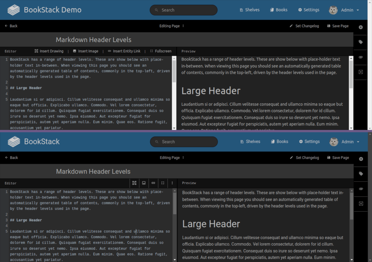 Comparison between old and new dark mode styles, with old showing bright white scrollbars in a dark theme, and the new showing blended dark scrollbars