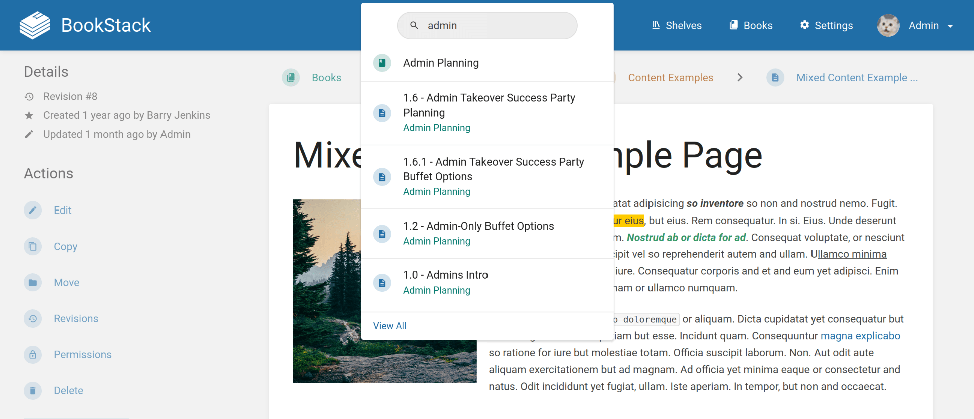 BookStack header bar with a search started, and a small list of matching content below