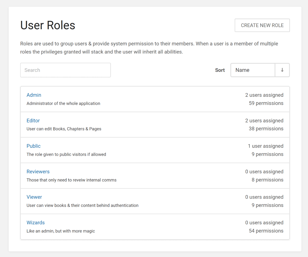 List of roles with a search bar and sort options