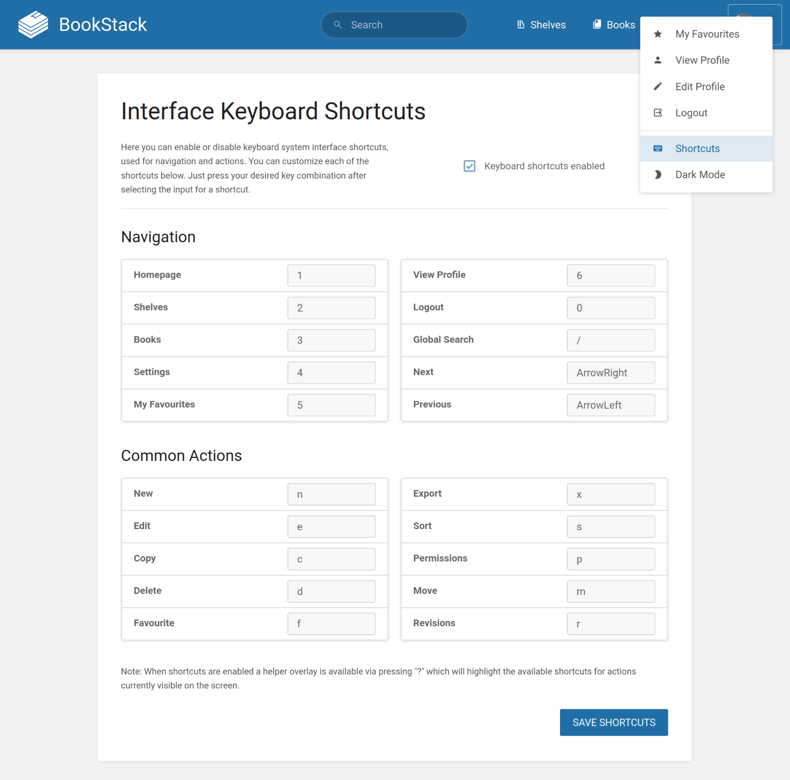 List of options for interface shortcuts including a grid of possible shortcuts to customize