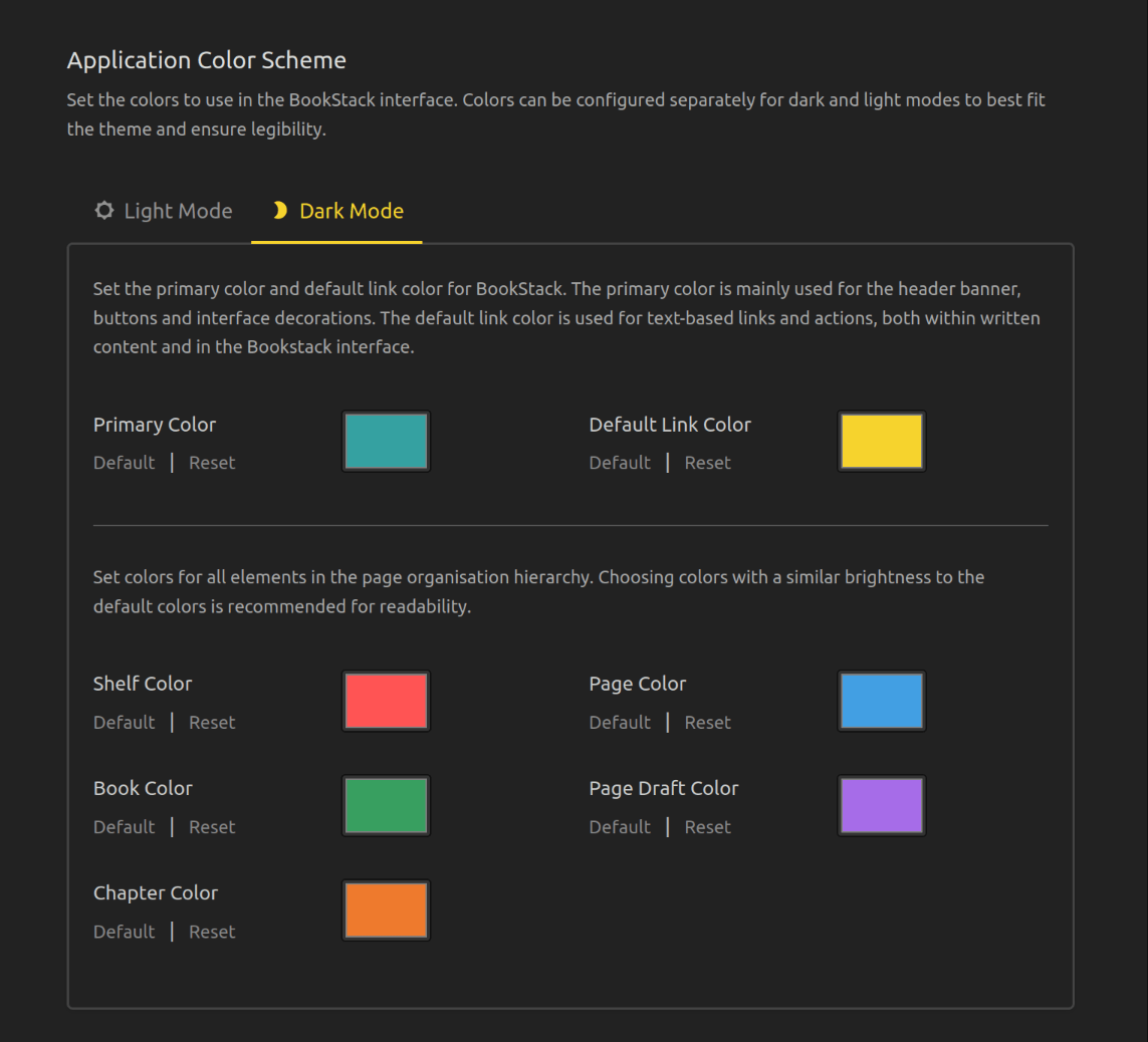 View of a &ldquo;Application Color Scheme&rdquo; panel with color controls and separate dark & light mode sections