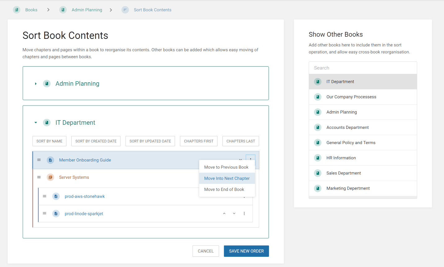 Screenshot of the BookStack sort view for a book, featuring a collapsed book and a dropdown menu providing move actions for a page