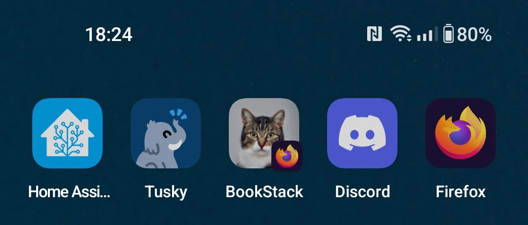 A row of mobile app icons, with a BookStack-labelled cat icon in the centre