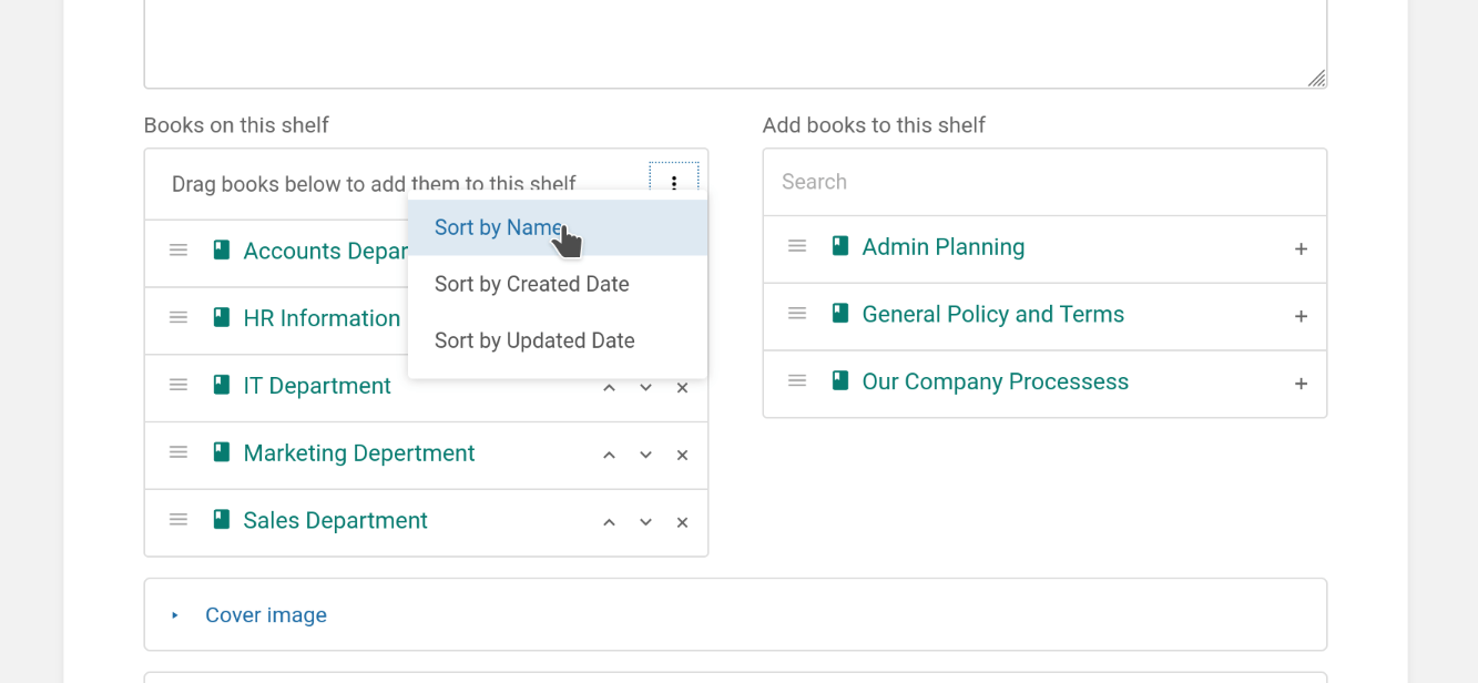 Shelf edit view showing book sorting actions