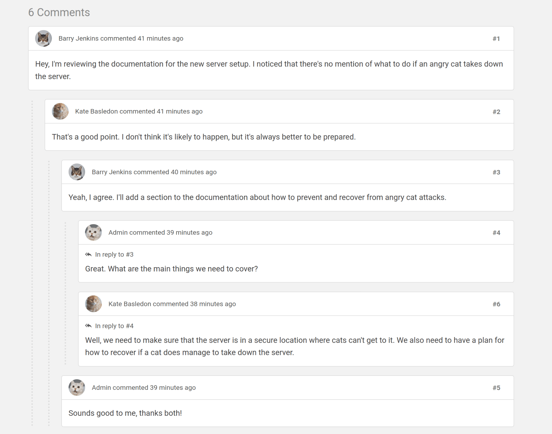 A view of 6 comments between 3 users, nested at different depths, at 4 visual levels