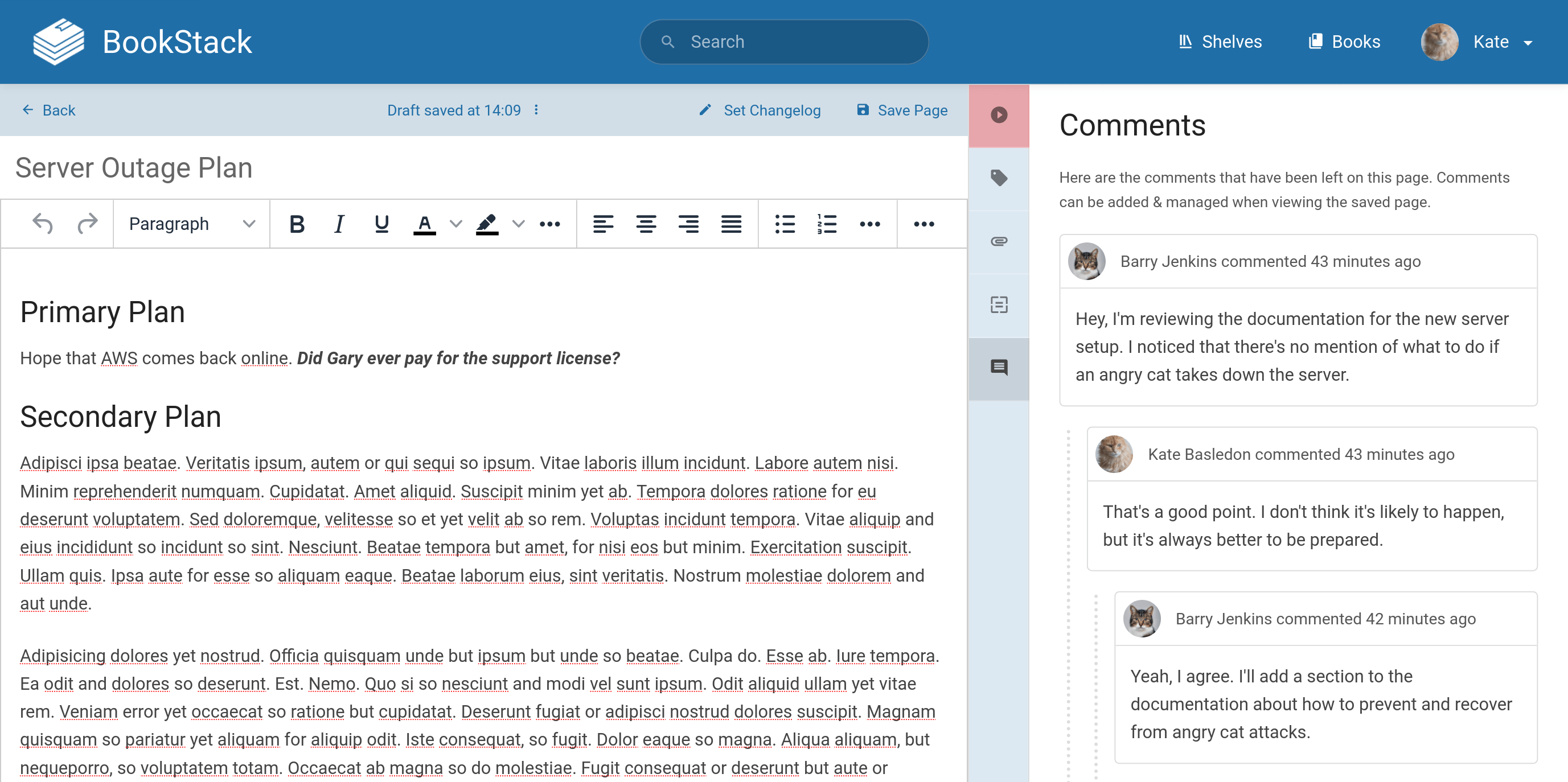 The BookStack editor view with a &ldquo;Comments&rdquo; section showing on the right, containing multiple user comments
