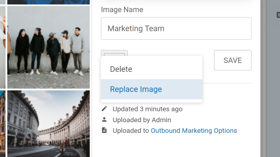 Cropped view of the BookStack image manager, focused on the &ldquo;Replace Image&rdquo; option