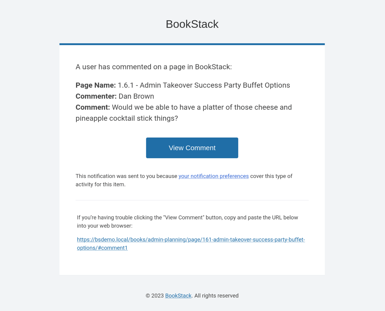 Screenshot of a notification email for a comment, including page name, commenter name and comment text, along with a linked CTA button to view the comment