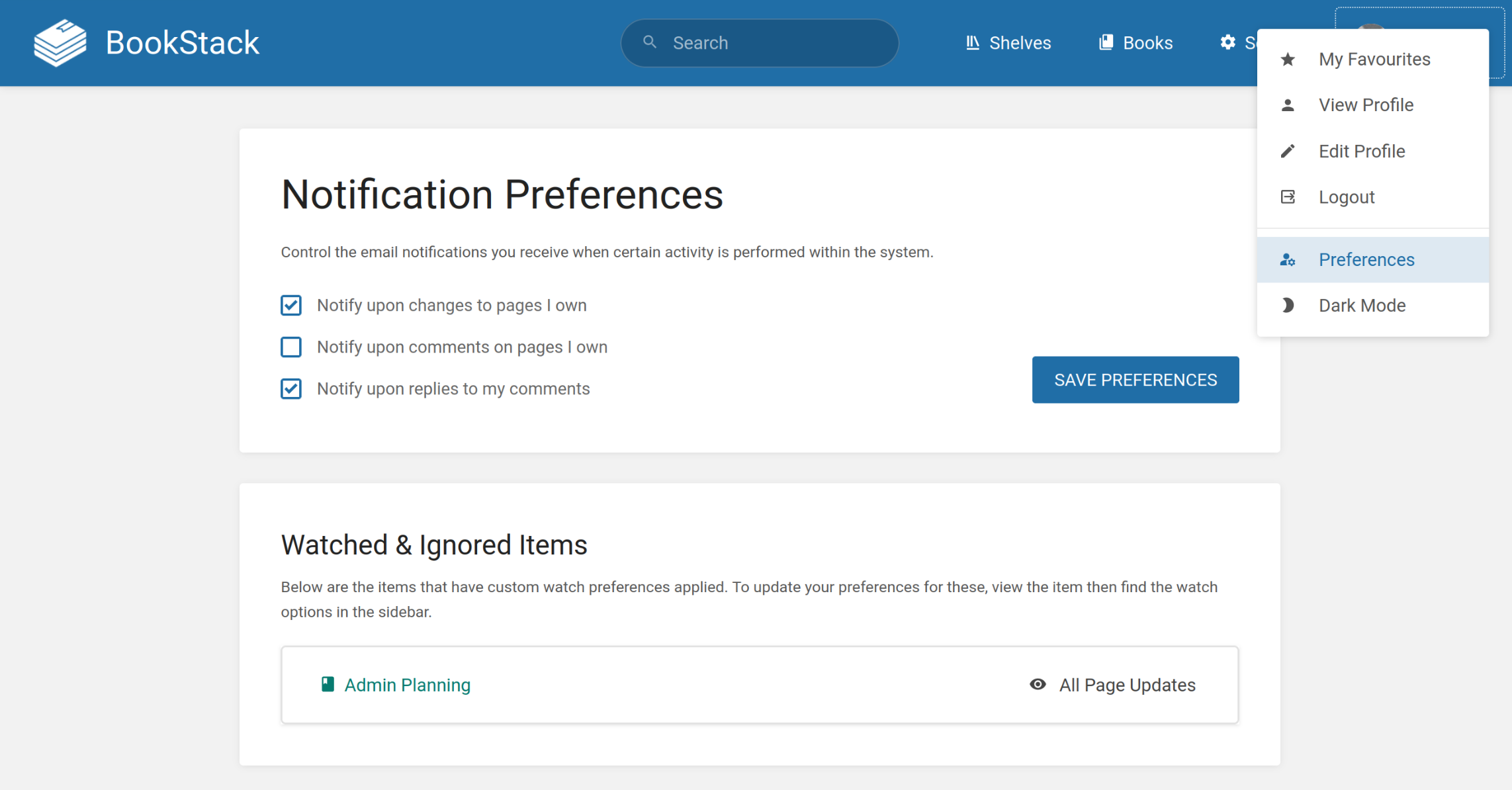 A view in BookStack titled &ldquo;Notification Preferences&rdquo;, with three option checkbox. The &ldquo;Preferences&rdquo; option is also shown in the top-left header bar user menu