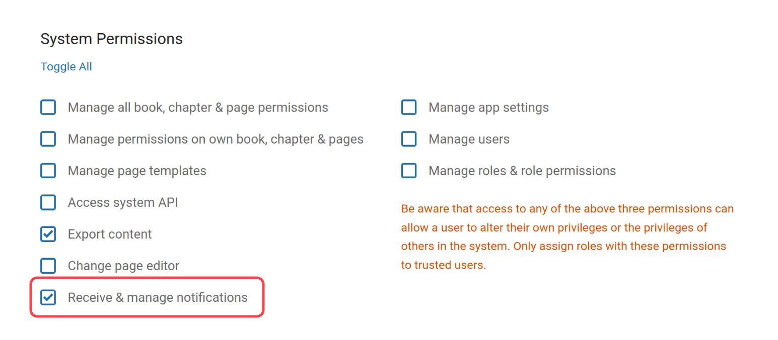 A view of the &ldquo;System Permissions&rdquo; part of the BookStack role edit form, highlighting the new &ldquo;Receive & manage notifications&rdquo; option
