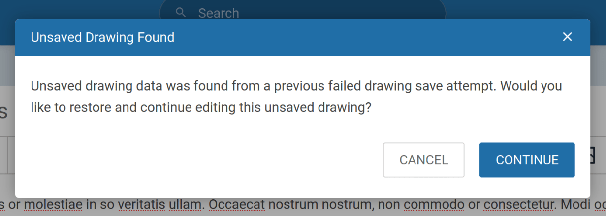 A popup prompt in BookStack titled &ldquo;Unsaved Drawing Found&rdquo;, asking if we&rsquo;d like to restore and edit a found unsaved drawing