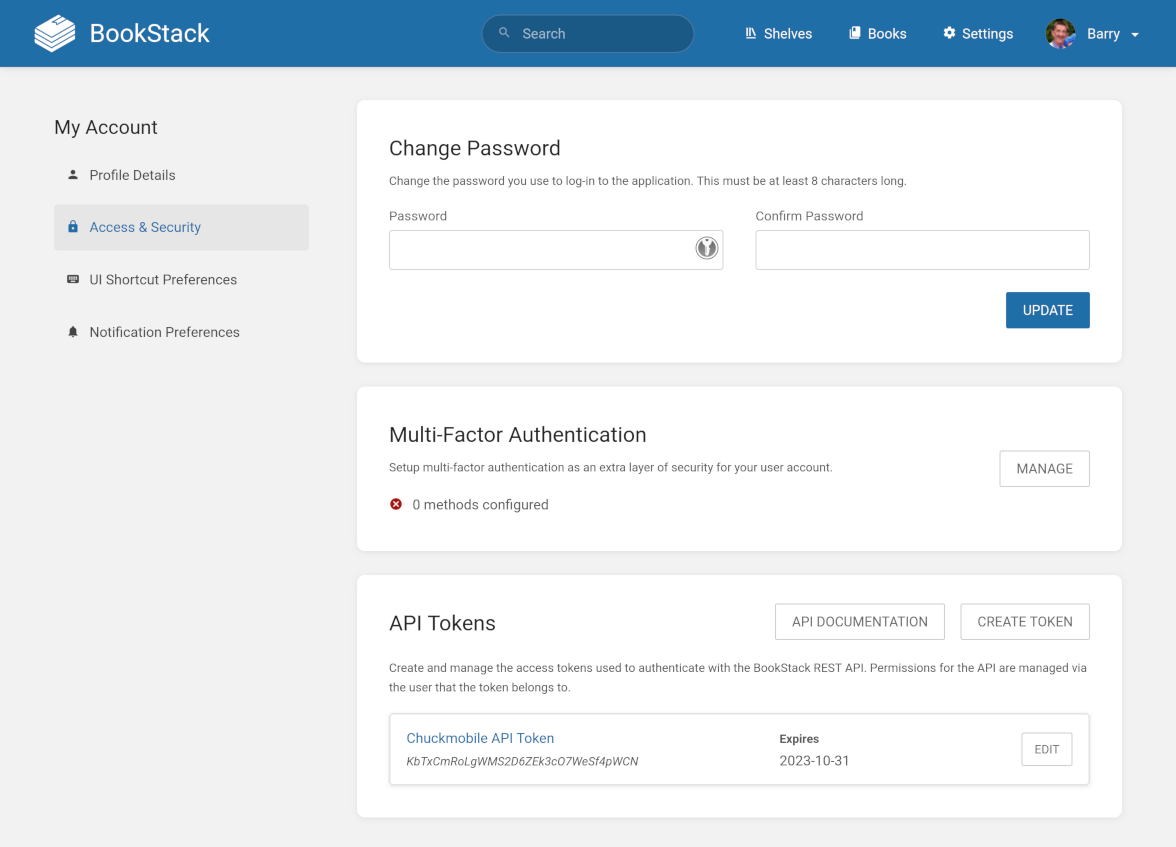 View of my account > Access and Security view with change password, MFA, and API Tokens sections