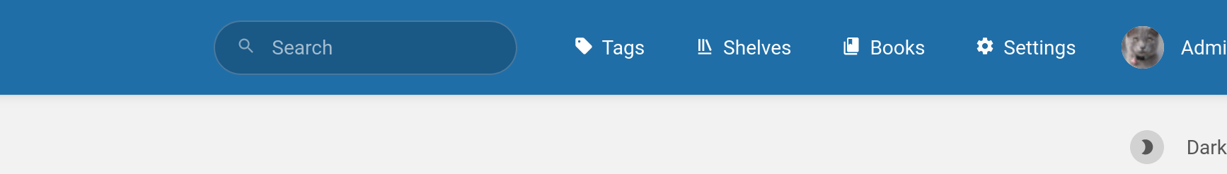 A view of the BookStack header bar with an added &ldquo;Tags&rdquo; link placed before &ldquo;Shelves&rdquo;