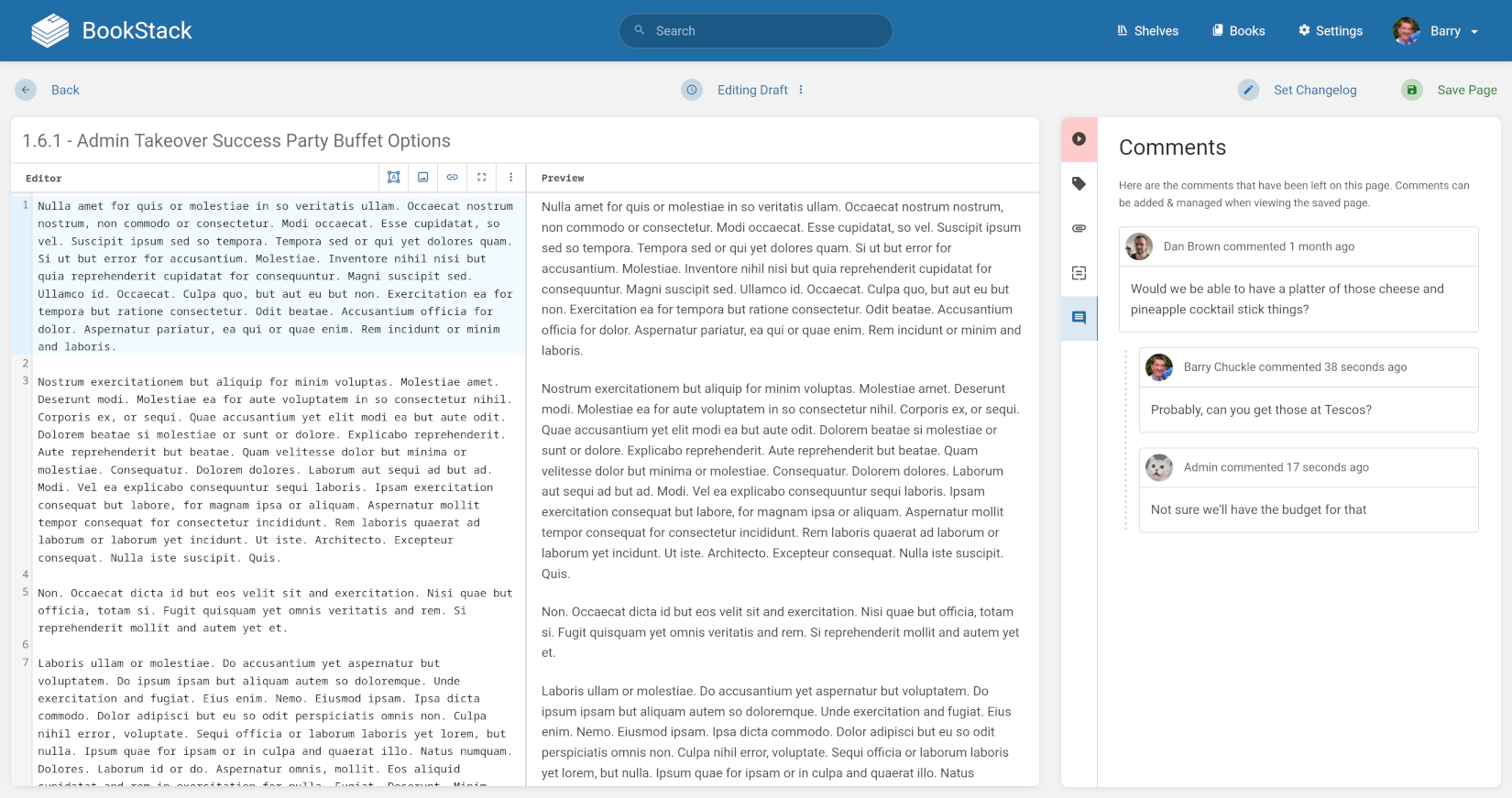 BookStack markdown editor interface with the sidebar toolbox open displaying various comments for the current page