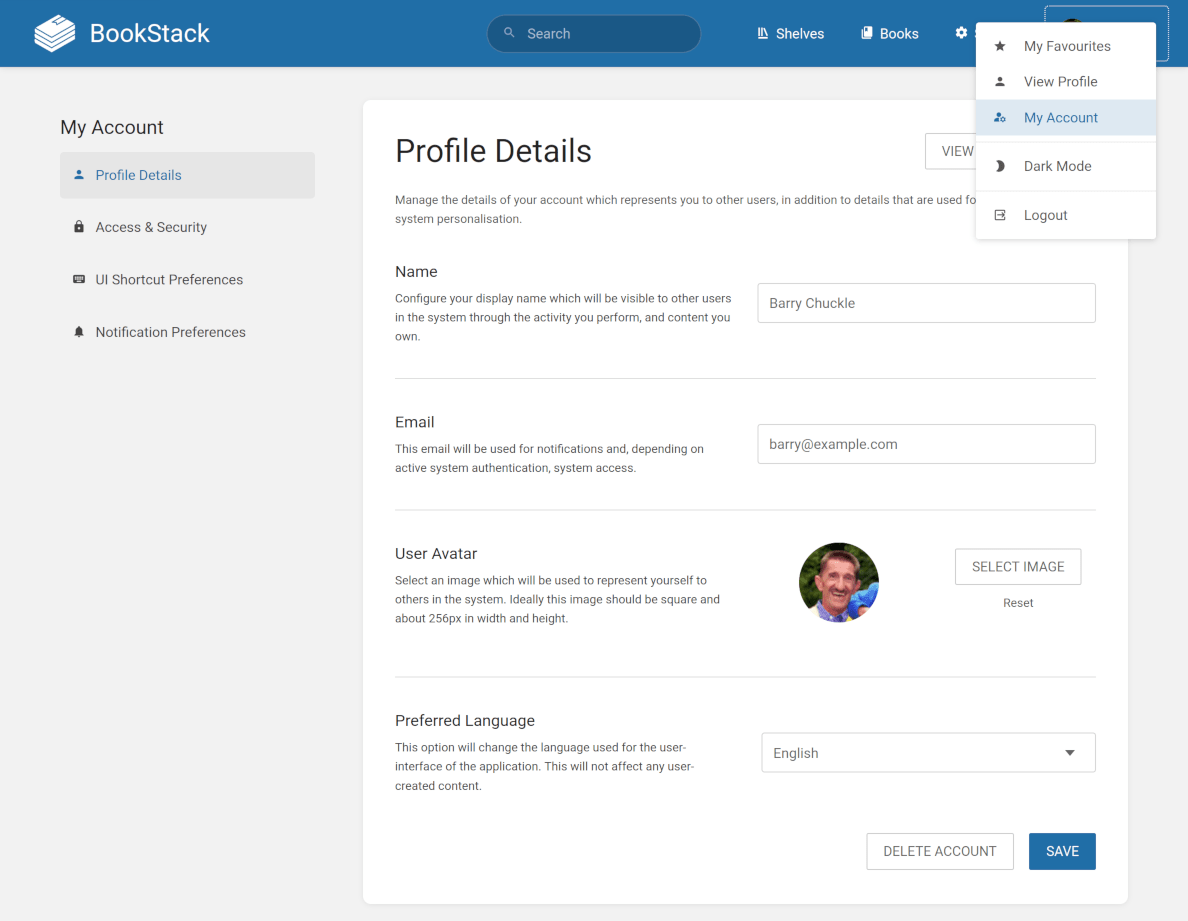 View of a &ldquo;My Account > Profile Details&rdquo; view with various user detail inputs, while also showing the user profile dropdown menu in the top right with the &ldquo;My Account&rdquo; option selected