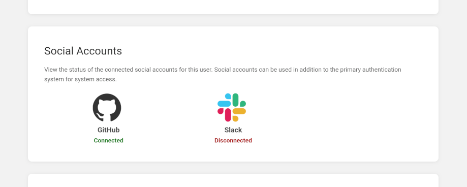 View of the social accounts for a user, showing GitHub as connected, and Slack as Disconnected