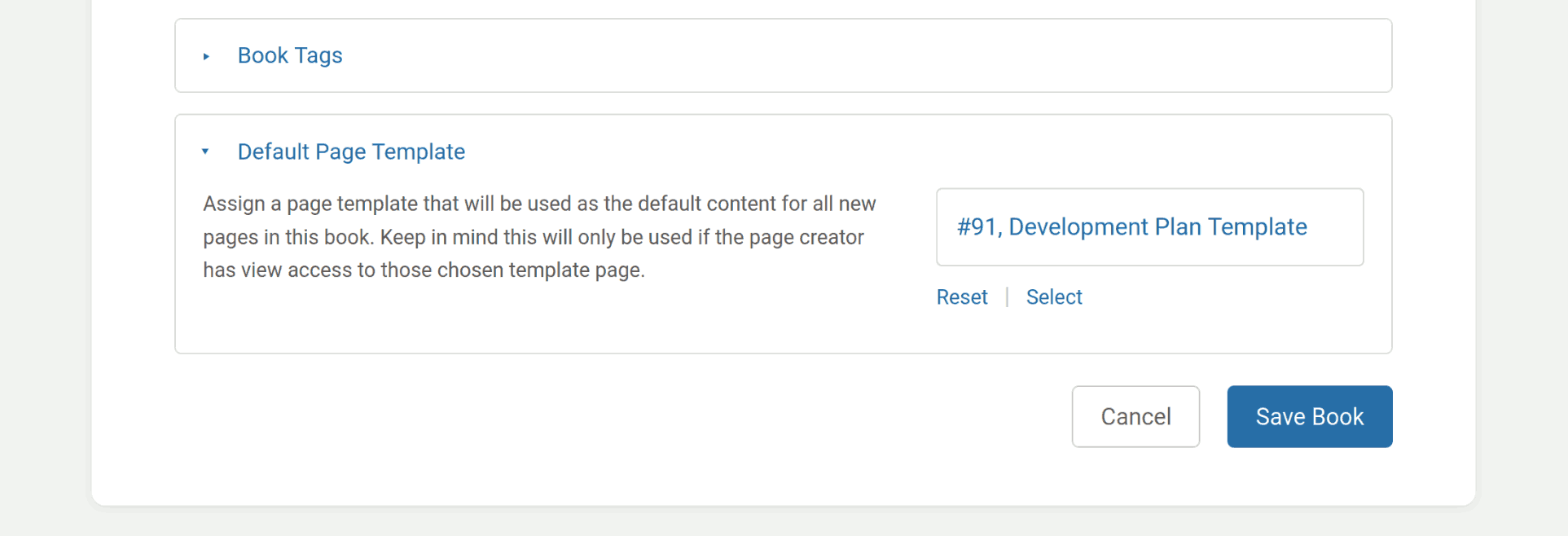 A view of the form for editing a Book, focused on a &ldquo;Default Page Template&rdquo; section with a &ldquo;Development Plan Template&rdquo; item selected