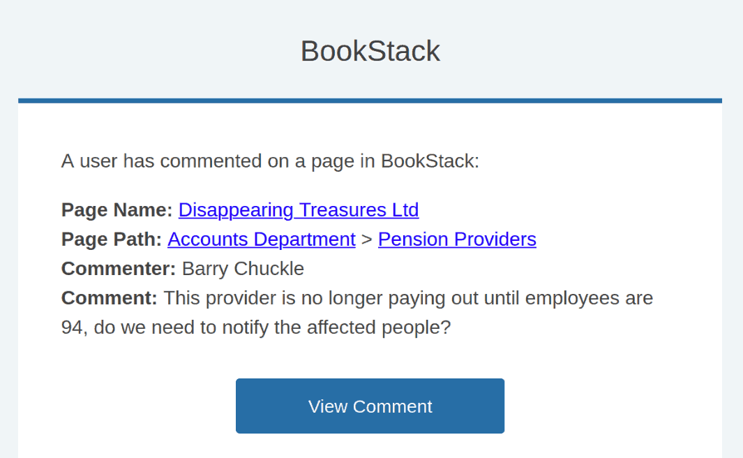 A screenshot of a BookStack notification message, showing a new &ldquo;Page Path&rdquo; detail with the text: &ldquo;Accounts Department > Pension Providers&rdquo;