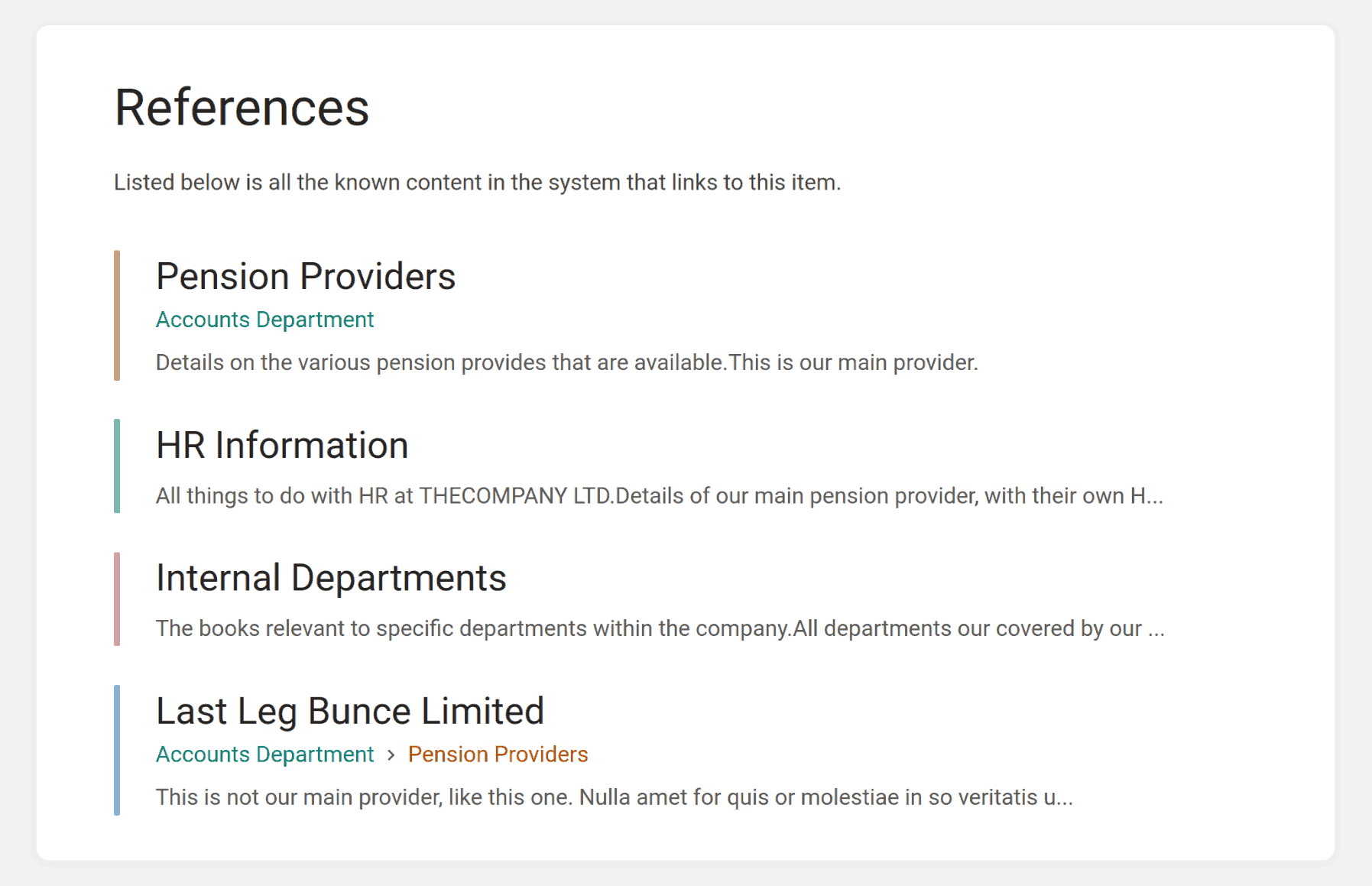 View of the &ldquo;References&rdquo; for a page, showing four incoming references, one each from a book, chapter, shelf and page