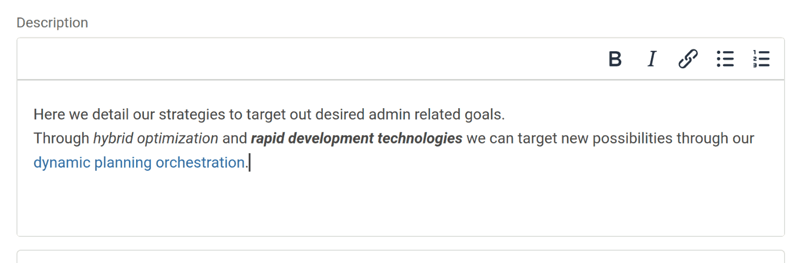 A &ldquo;description&rdquo; part of a form, showing a WYSIWYG input box with some content that includes italic, bold and linked content, and a toolbar with 5 formatting buttons at the top of the input box