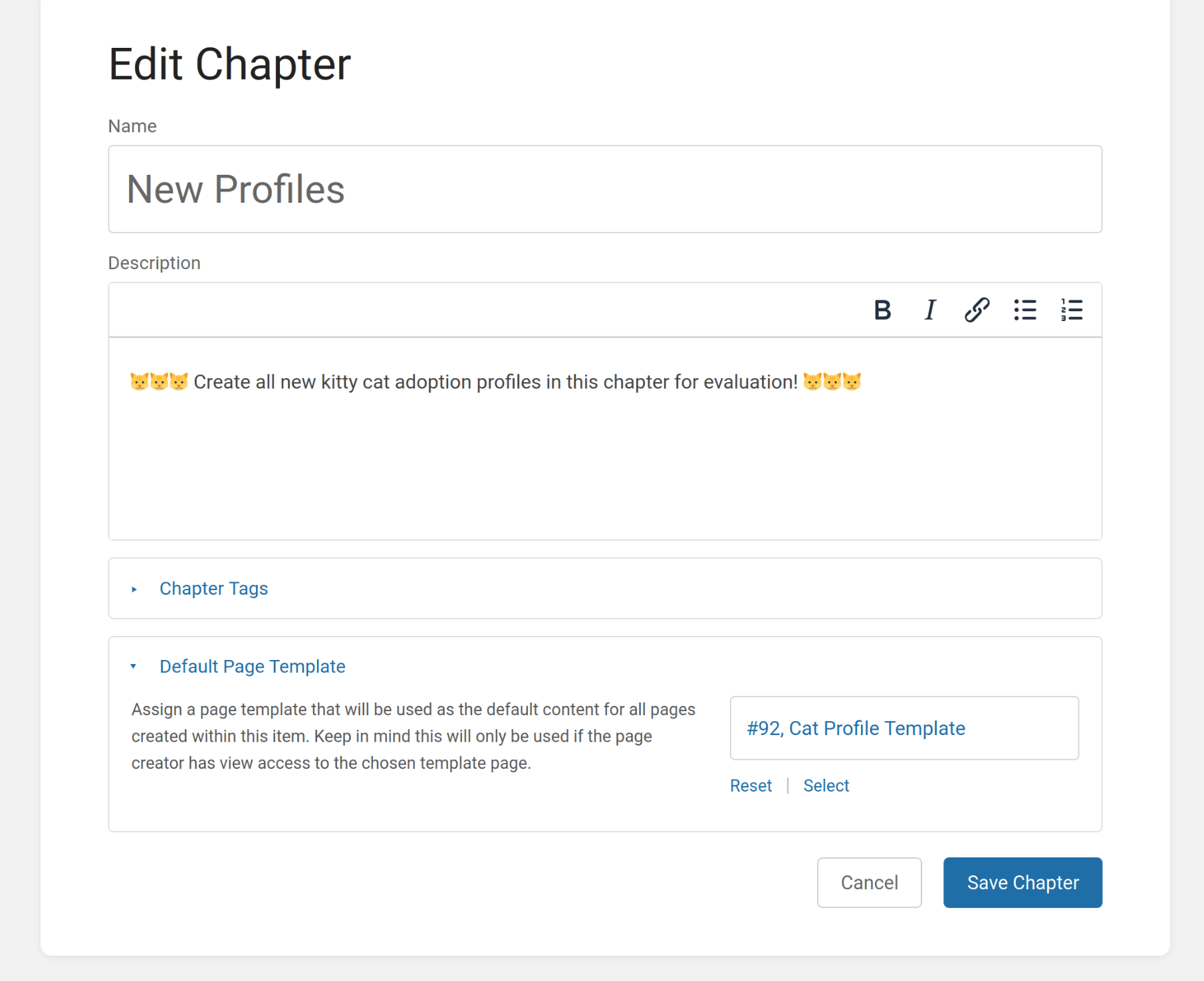 View of the &ldquo;Edit Chapter&rdquo; page in BookStack, focused on a &ldquo;Default Page Template&rdquo; section containing an input that shows the value &ldquo;#92, Cat Profile Template&rdquo;