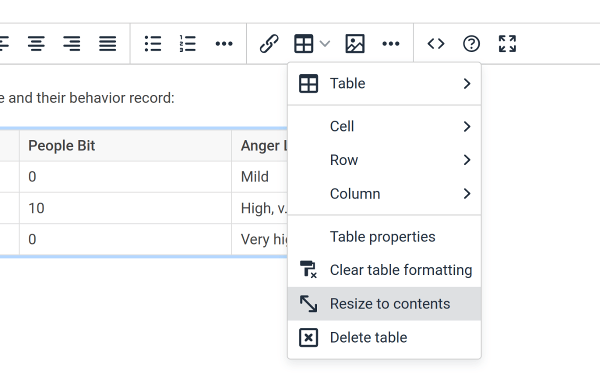 View of the &ldquo;table&rdquo; toolbar button dropdown with new &ldquo;Clear table formatting&rdquo; and &ldquo;Resize to contents&rdquo; actions shown