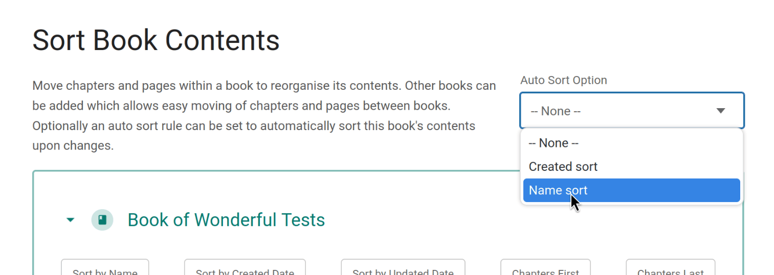 View of the Book sort view, with the mouse hovering over a &ldquo;Name sort&rdquo; option within a &ldquo;Auto Sort Option&rdquo; dropdown