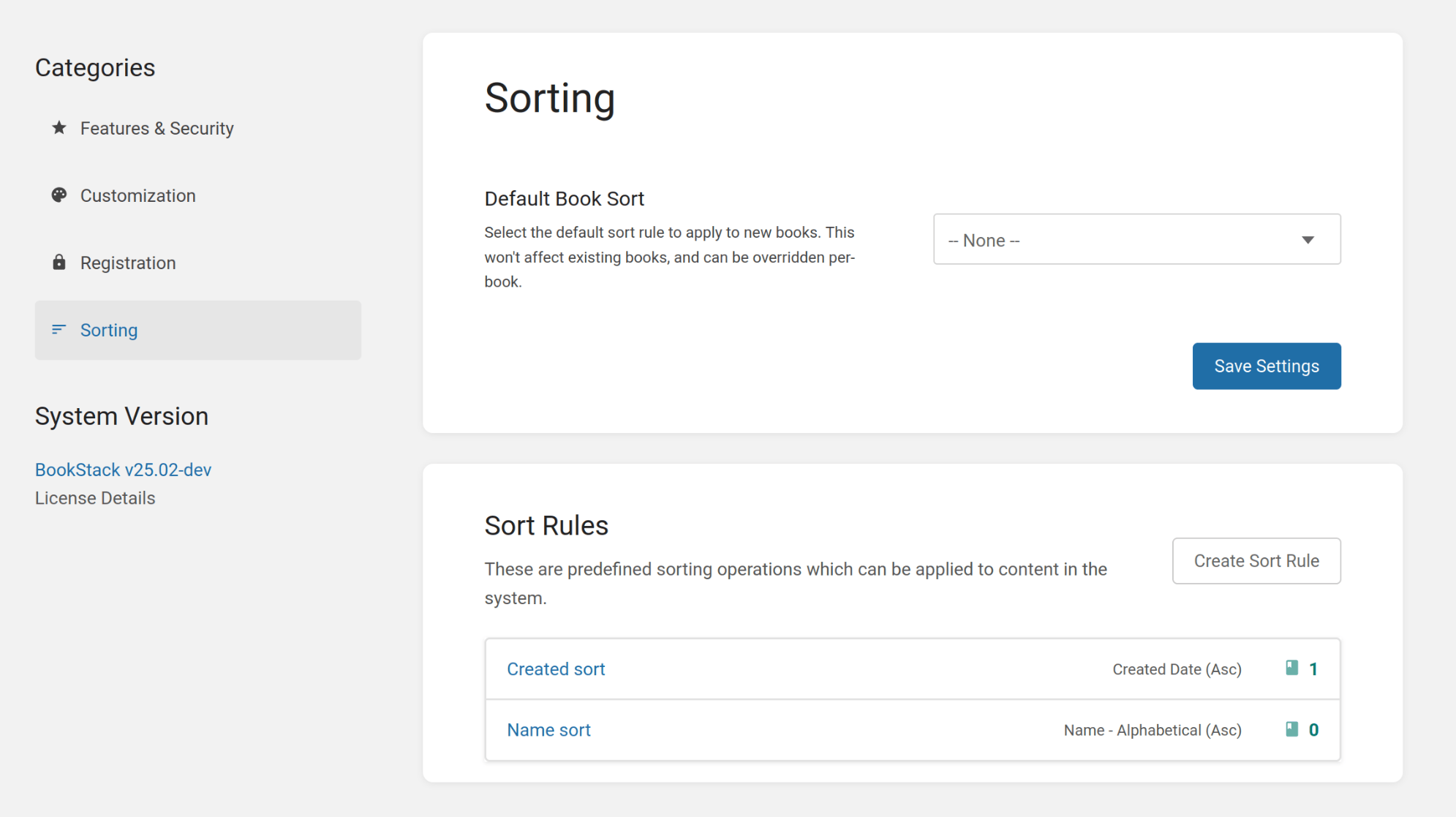 BookStack view titled &ldquo;Sorting&rdquo; with a &ldquo;Default Book Sort&rdquo; option at the top, and a &ldquo;Sort Rules&rdquo; section below with a couple of items listed below