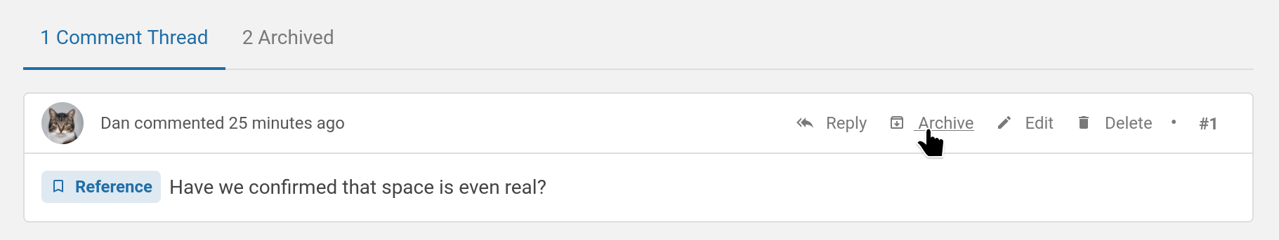 View the page comments in BookStack, with the comments under two tabs which have the labels “1 Comment Thread” and “2 Archived”. A mouse cursor hovers over an “Archive” action on the first visible comment