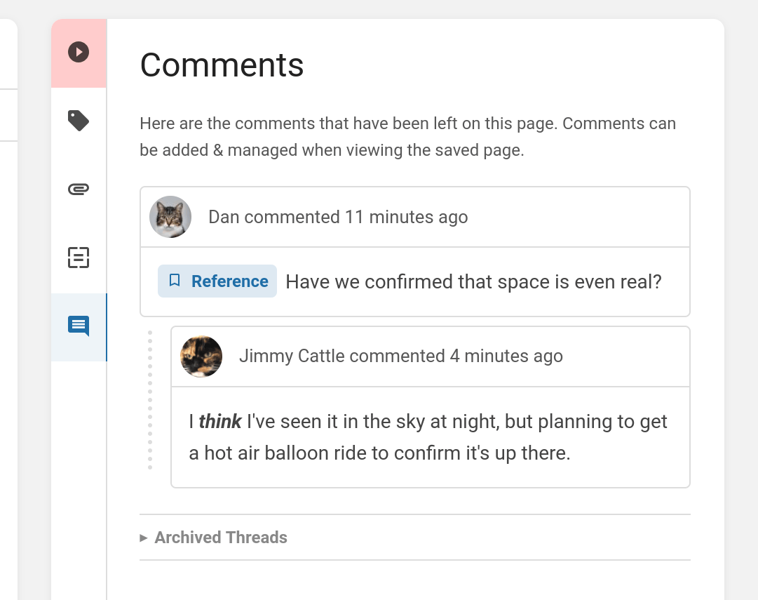 View of comment sidebar in editor with a “Archived Threads” dropdown below existing comments