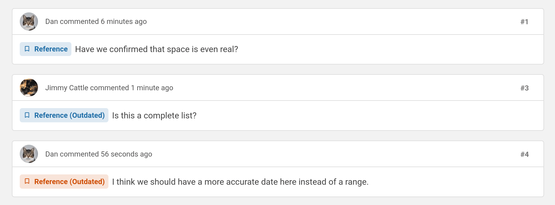 View of three comments at the bottom of the page, with each having content starting with a “Reference” badge. The first is blue. The second also has the text “Outdated” in this badge. The third also shows “Outdated” but is orange